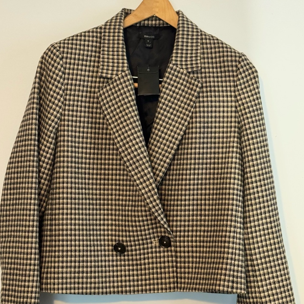 NWT RW&Co Double-Breasted Blazer Jacket Blue & Tan Houndstooth Size 12